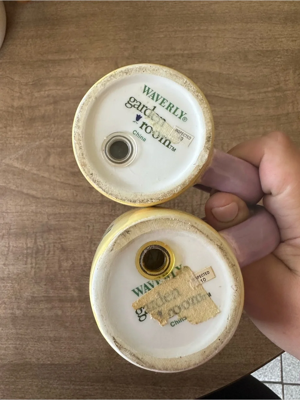 Waverly Yellow Floral Ceramic Mugs with Purple Handles - Pair